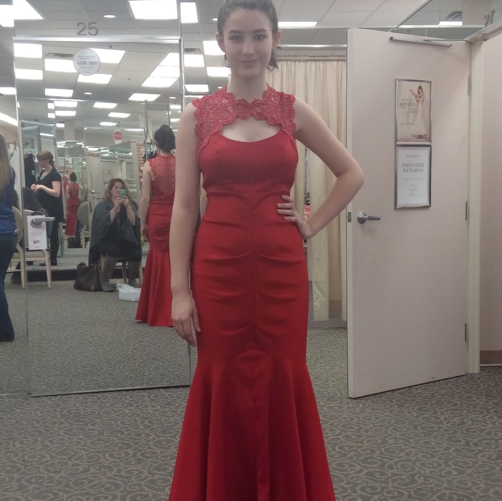 Red mermaid prom dress with lace back